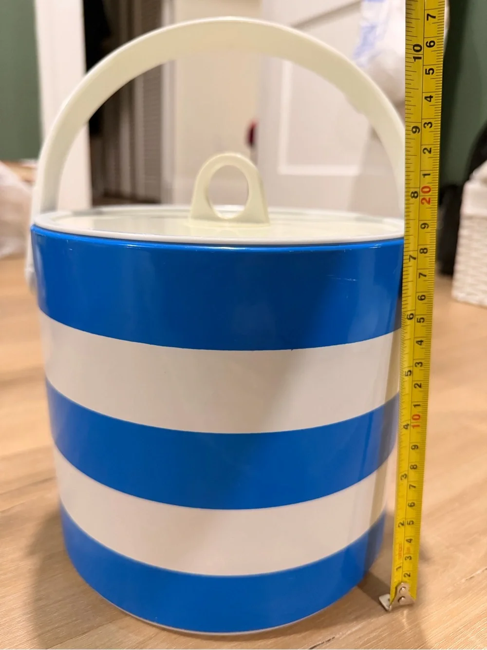 Blue and White Striped Insulated Ice Bucket with Handle